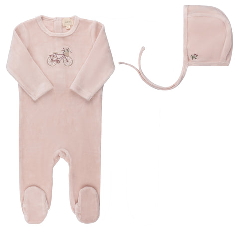 Aurora Pink Velour Bicycle Footie + Bonnet