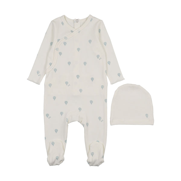 Pouf White/Blue Hot Air Balloon Footie + Hat