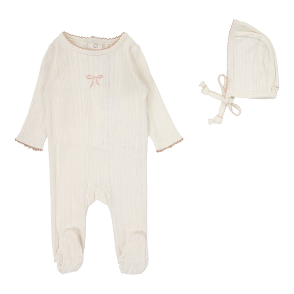 Lilette Cream/Pink Bow Pointelle Graphic Footie Set