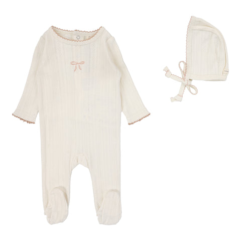 Lilette Cream/Pink Bow Pointelle Graphic Footie Set PGFS-CPB