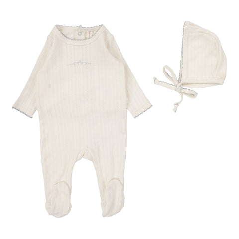 Lilette Cream/Blue Crown Pointelle Graphic Footie Set PGFS-CBC