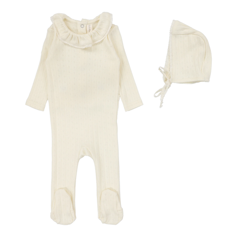 Lilette Cream Ruffle Fine Pointelle Collar Footie Set