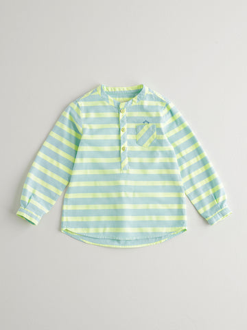 Nanos Half Button Down Blue & Yellow Striped Shirt