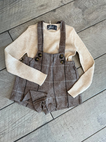 Belati Brown Herringbone Plaid Overalls