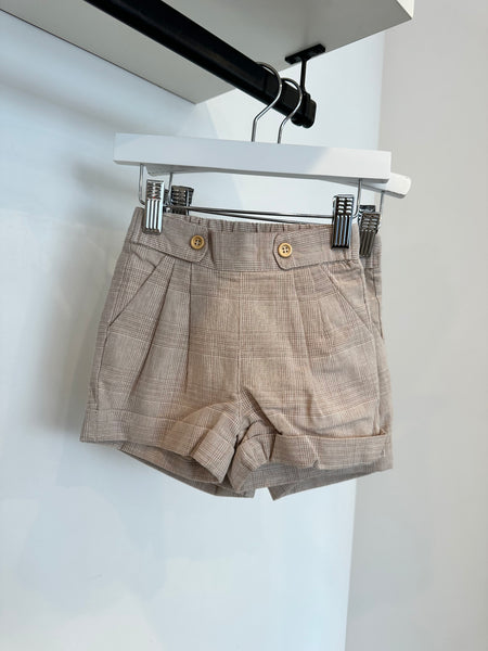 Belati Nougat Button Detail Plaid Pleated Shorts