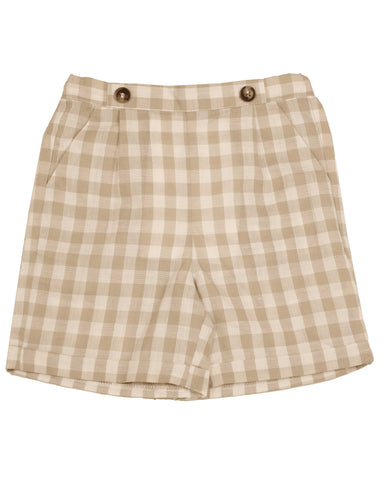 Belati Beige Gingham Pleated Button Flap Shorts