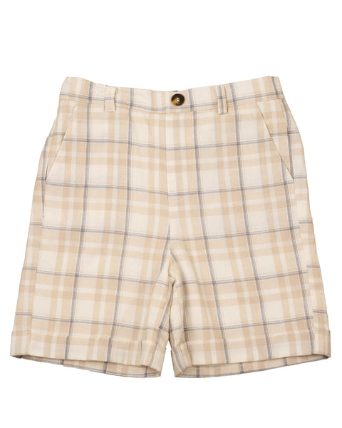 Belati Beige Plaid Pleated Button Flap Shorts