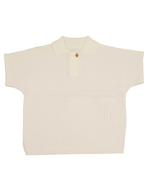 Belati Ivory Boxy Pointelle Collared Knit