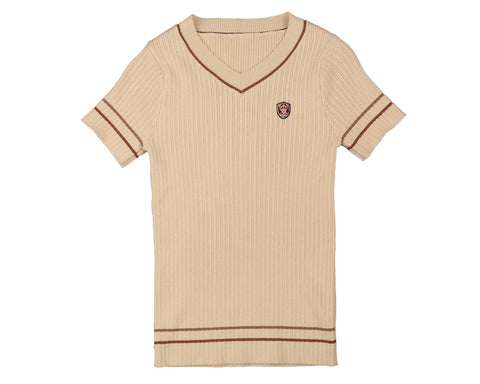 Belati Almond Contrast Stripe Emblem Short Sleeve Knit