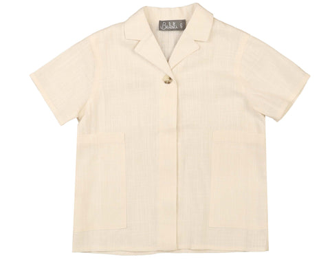 Belati Ivory Textured Linen Large Pocket Lapel Collar Shirt