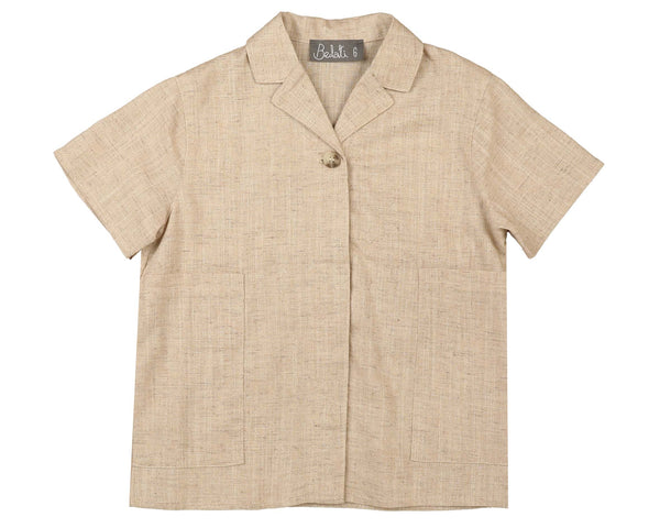 Belati Nougat Textured Linen Large Pocket Lapel Collar Shirt