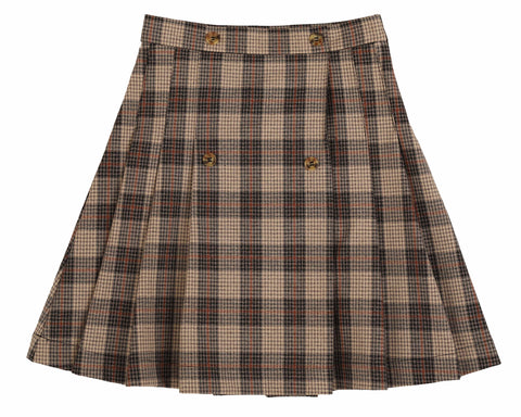 Belati Beige Plaid Button Detail Pleated Skirt