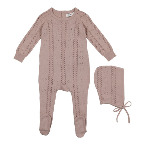 Coco Blanc Mauve Pointelle Knit Wrap Onesie With Bonnet