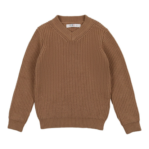 Coco Blanc Camel Boys V-neck Ribbed Sweater