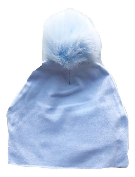Bari Lynn Blue Cotton Baby Hat with Blue Fur Pom-pom