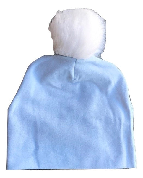 Bari Lynn Blue Cotton Baby Hat with White Fur Pom-pom