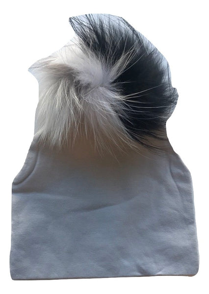 Bari Lynn Soft Grey Cotton Baby Hat with Large Multi Color Grey Fur Pom-pom