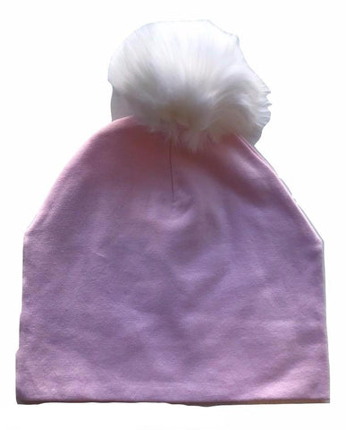 Bari Lynn Pink Cotton Baby Hat with White Fur Pom-pom