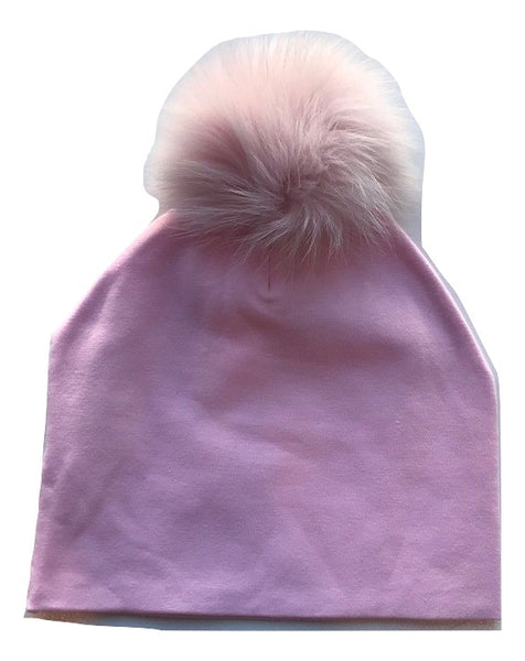 Bari Lynn Pink Cotton Baby Hat with Pink Fur Pom-pom