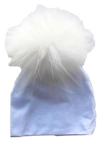 Bari Lynn White Cotton Baby Hat with Large White Fur Pom-pom