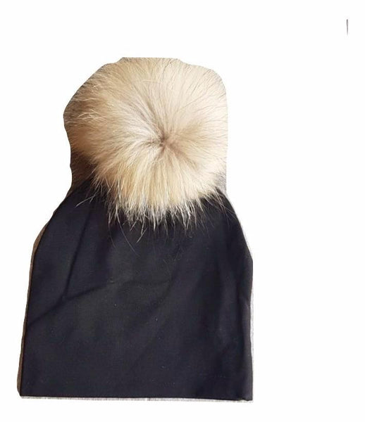 Bari Lynn Black Cotton Baby Hat with Large Brown Fur Pom-pom
