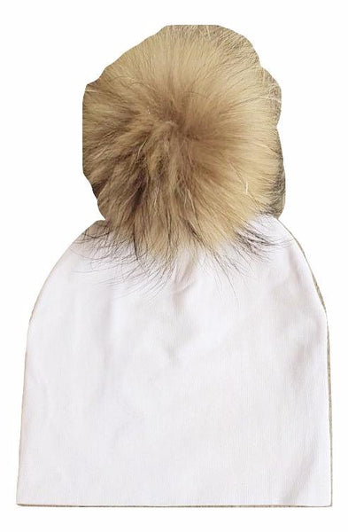 Bari Lynn White Cotton Baby Hat with Large Brown Fur Pom-pom