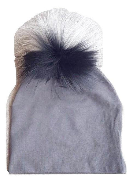 Bari Lynn Charcoal Cotton Baby Hat with Large Multi Color Grey Fur Pom-pom