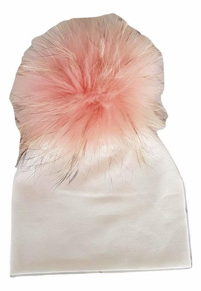 Bari Lynn Ivory Cotton Baby Hat with Large Pink Fur Pom-pom
