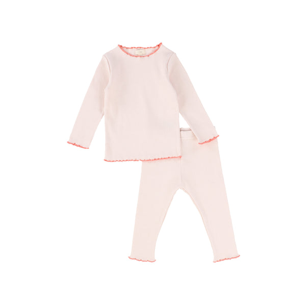 Lil Legs Pale Pink/Coral Ribbed Lettuce Edge Long Sleeve Set