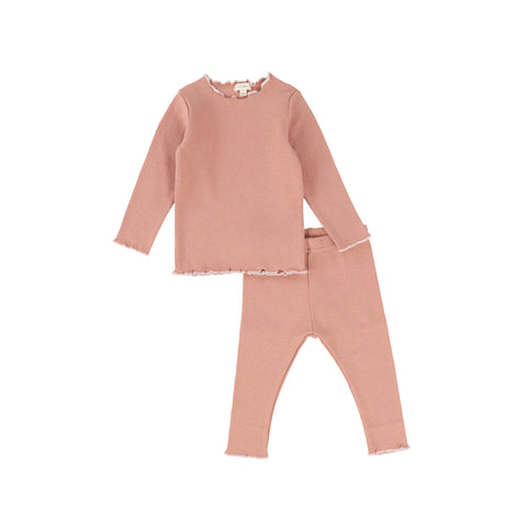 Lil Legs Peach/White Ribbed Lettuce Edge Long Sleeve Set