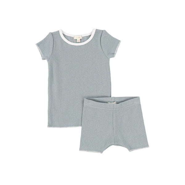 Lil Legs Seafoam/White Contrast Band Ribbed Short Sleeve Set