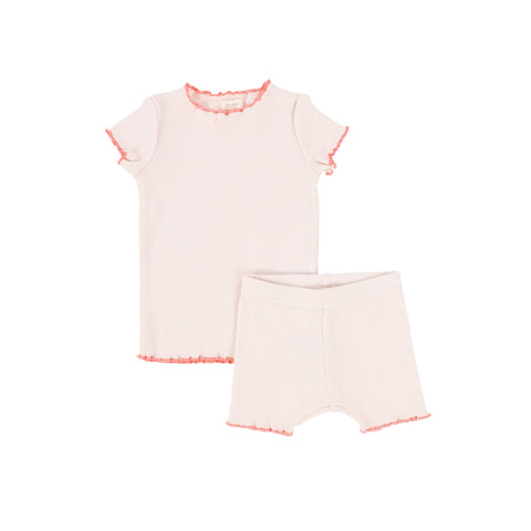 Lil Legs Pale Pink/Coral Ribbed Lettuce Edge Short Sleeve Set