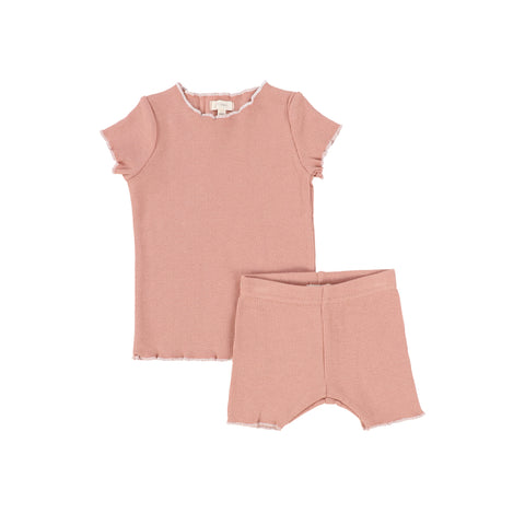 Lil Legs Peach/White Ribbed Lettuce Edge Short Sleeve Set