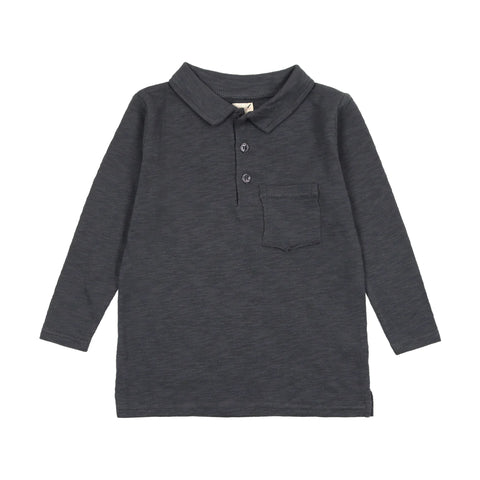 Lil Legs Off Navy Textured Cotton Rolled Edge Long Sleeve Polo