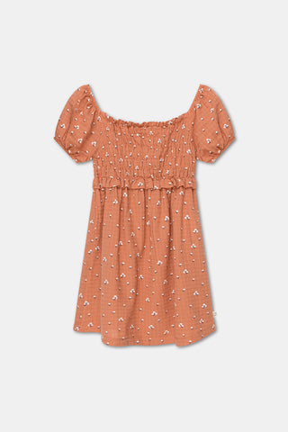 My Little Cozmo Ninet Terracotta Floral Muslin Dress