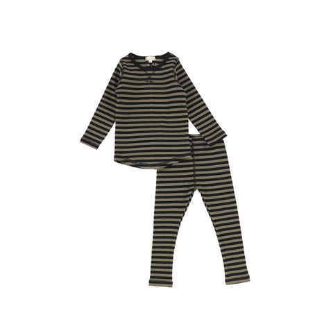 Lil Legs Olive & Black Stripe Ribbed PJ Set