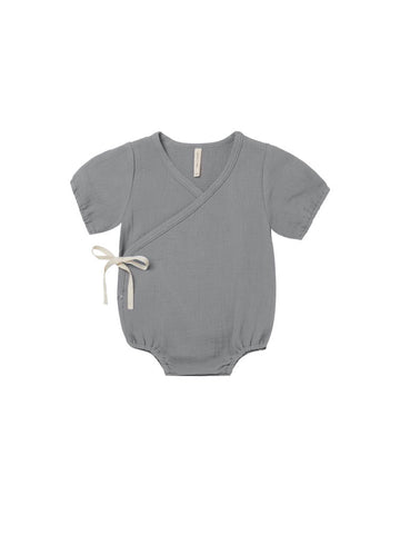 Quincy Mae Washed Indigo Woven Wrap Romper
