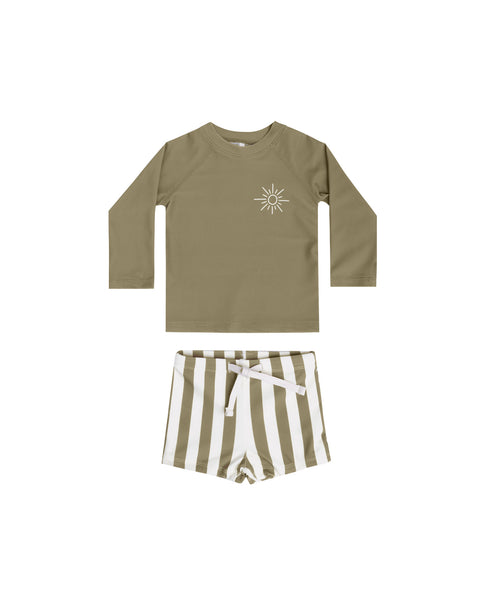 Rylee & Cru Olive Stripe Rash Guard Boys Set