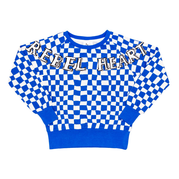 Noe & Zoe Blue Checkered Rebel Heart Kids Sweatshirt