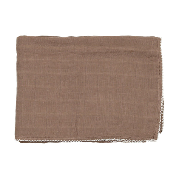 Lilette Taupe with White Trim Muslin Scallop Edge Swaddle