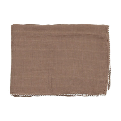 Lilette Taupe with White Trim Muslin Scallop Edge Swaddle