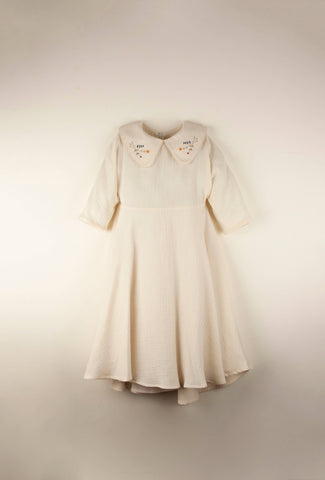 Popelin Off White Embroidered Collar Dress