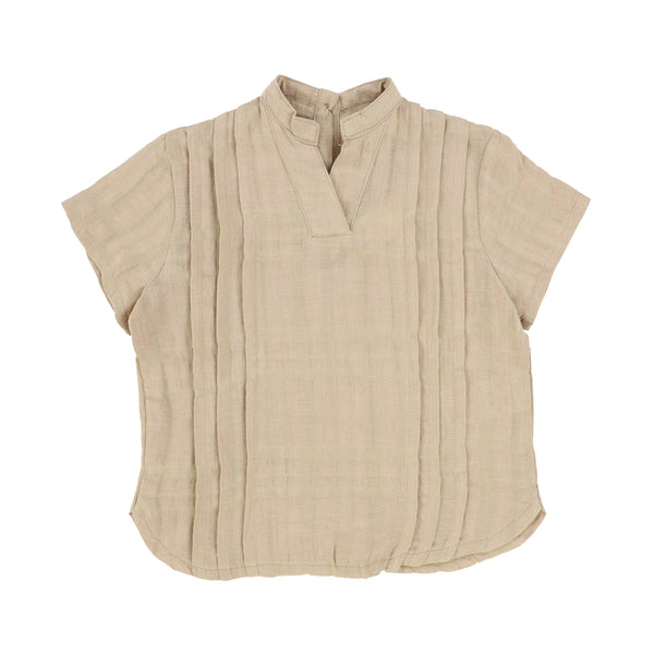 Belati Beige Knife Pleat V-neck Shirt