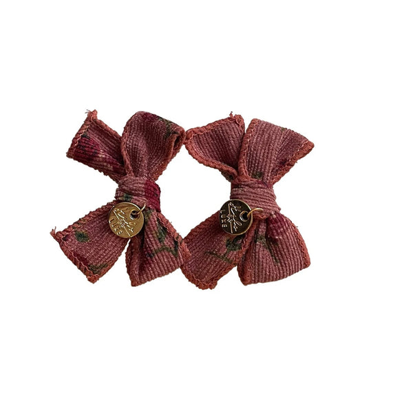 Halo Luxe Elsie Corduroy Double Bow Clips Rose Floral