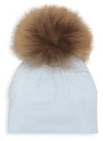 Bari Lynn Blue Cotton Baby Hat with Large Brown Fur Pom-pom