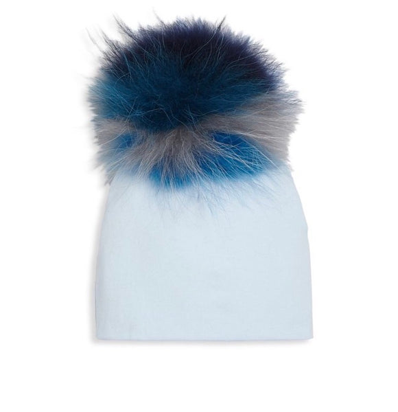 Bari Lynn White Cotton Baby Hat with Large Multi Color Blue Fur Pom-pom