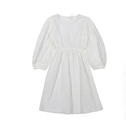 You And Me White Chiffly Eyelit Puff Sleeve Dress