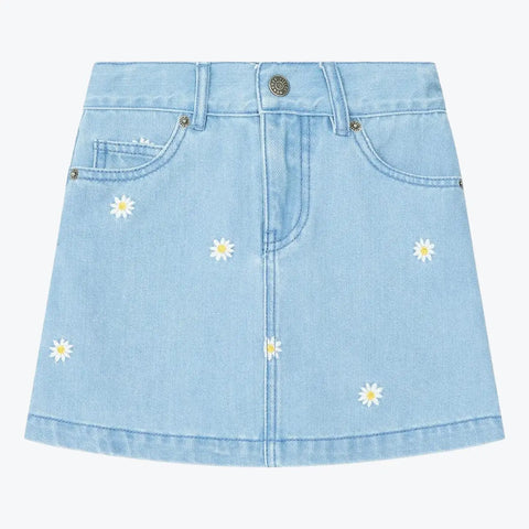 Hundred Pieces Blue Embroidered Flower Denim Skirt