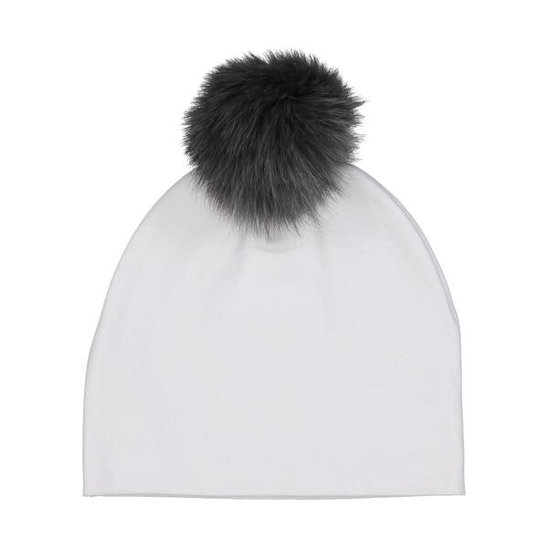 Bari Lynn White Cotton Baby Hat with Dark Grey Fur Pom-pom