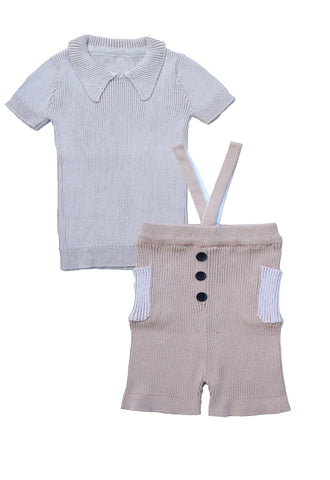 Belati Nude Collared Rib Top & Overall Knit Set